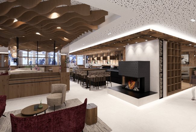 Der Lobbybereich mit gemütlichen Kamin