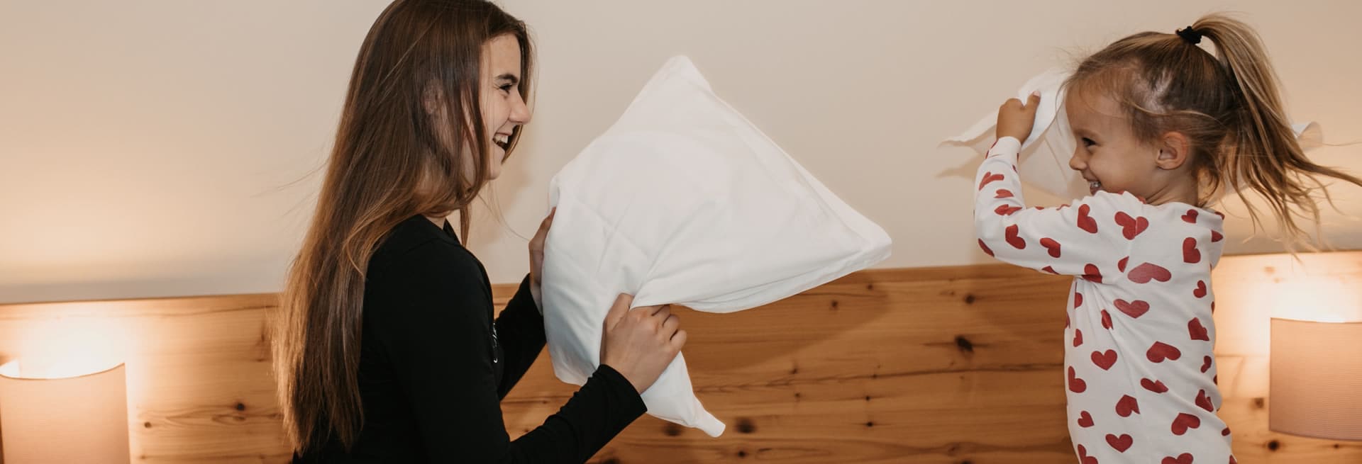 Pillow fight in the family room
