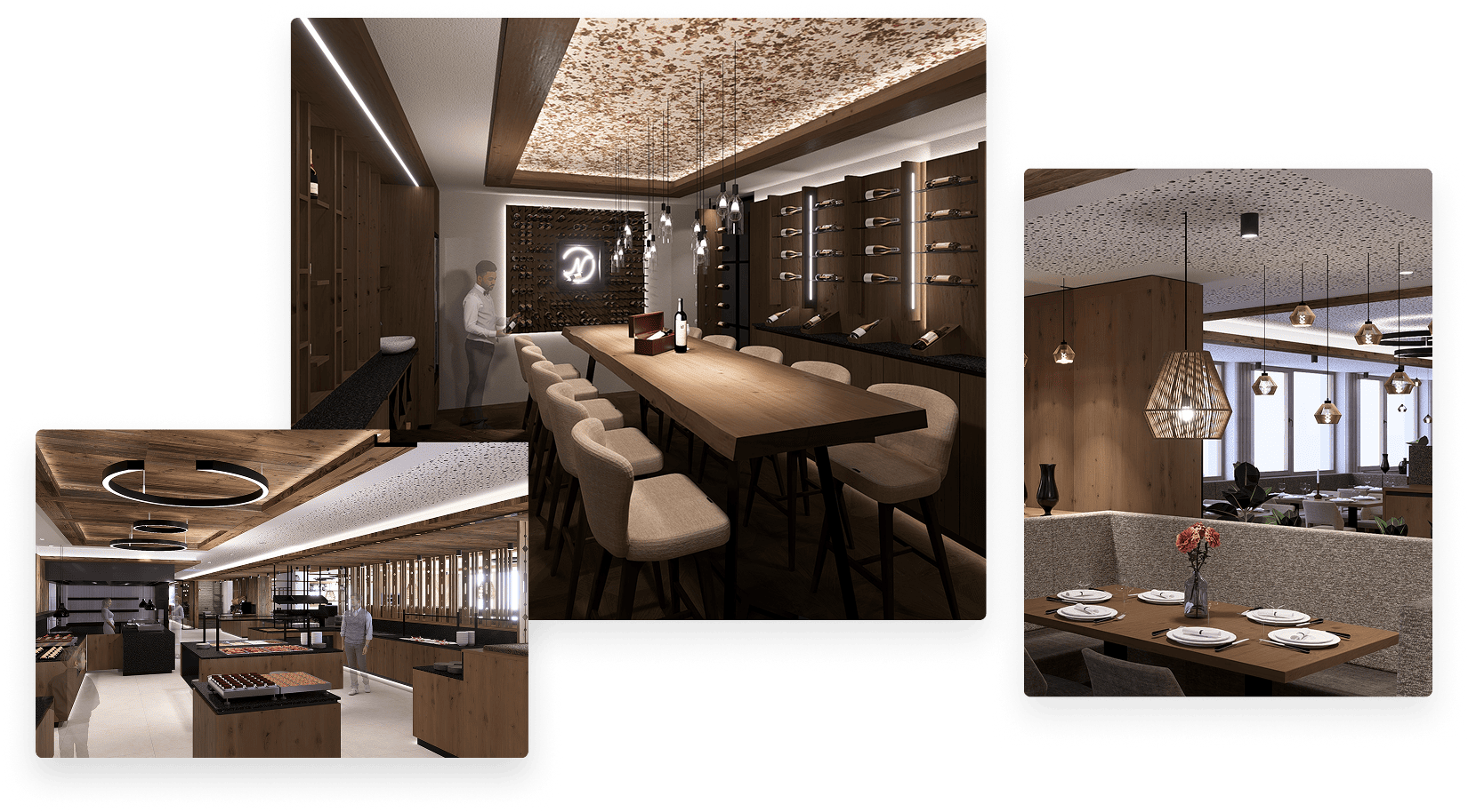 Visualisierungen von Restaurant, Vinothek und Buffet © Voglauer Hotel Concept