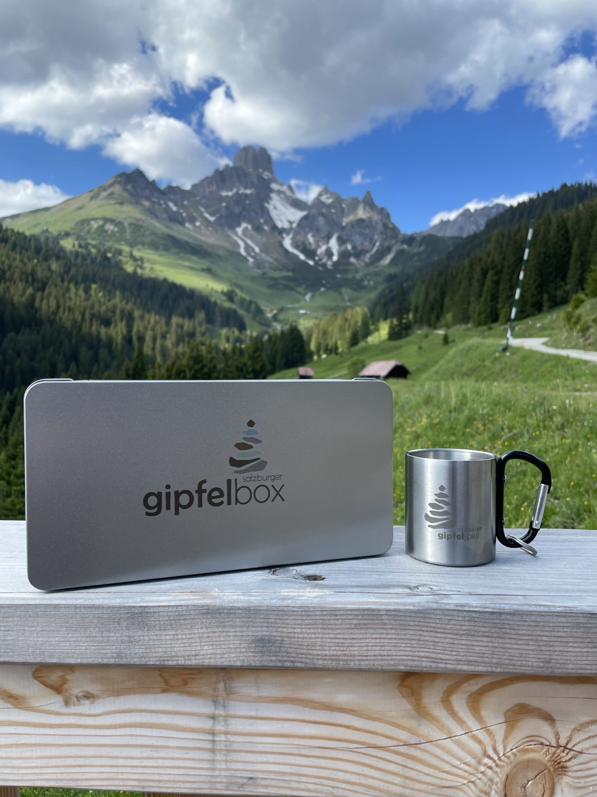 Gipfelbox mit fantastischem Bergpanorama im Hintergrund